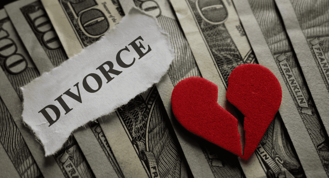 Broken heart with Divorce paper note on money